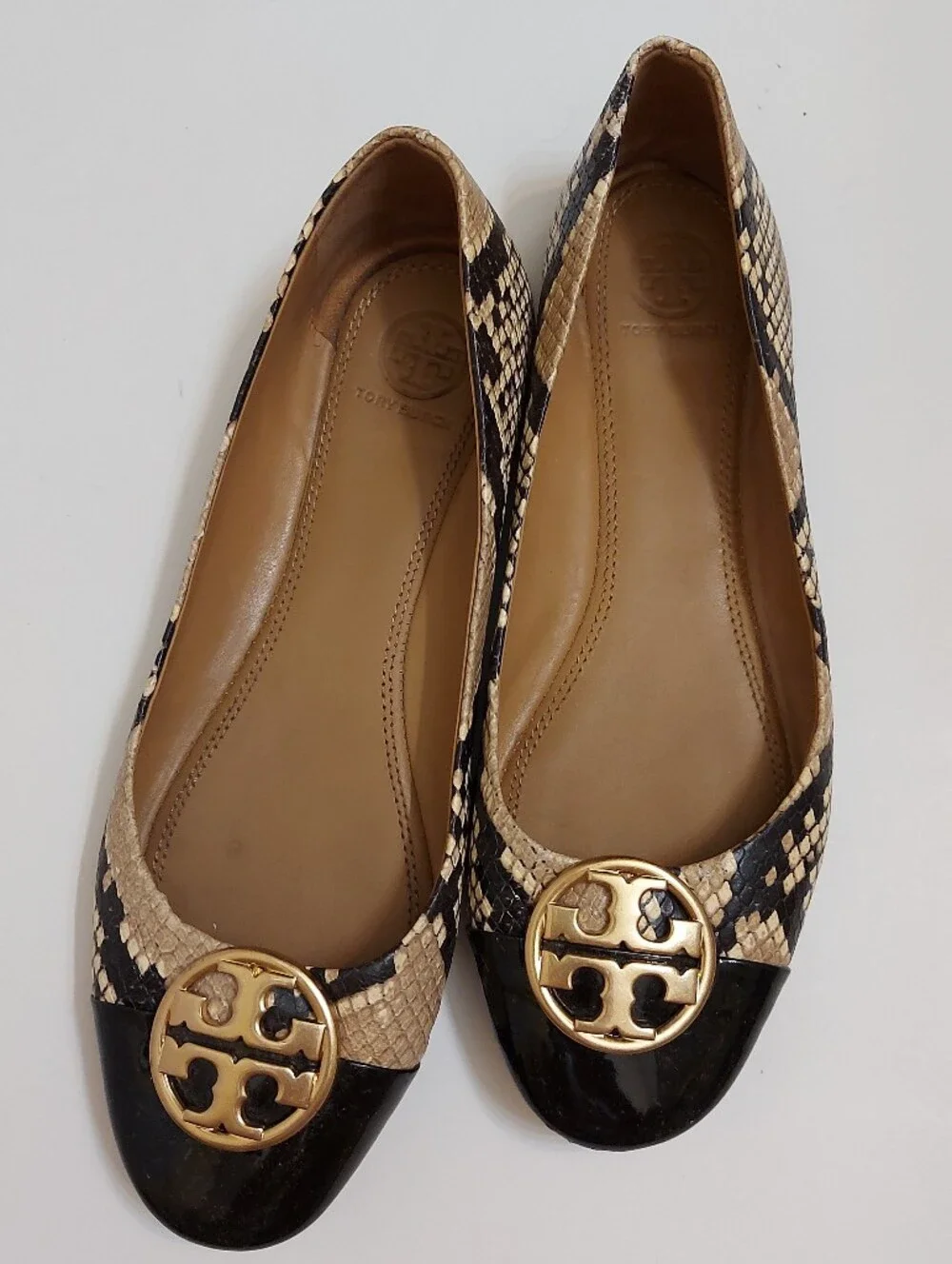 Tory Burch Beige Black Snake-Print Reva Ballet Flat